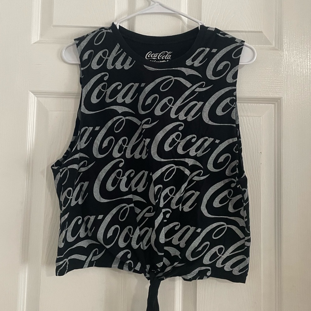 Coca Cola by Mighty Fine Black and White Tie Front Crop Muscle Tee Sz L